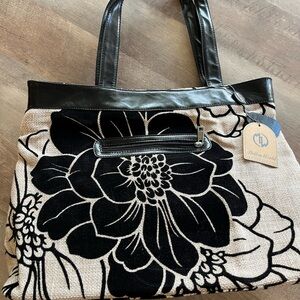 Black and Tan Floral Tote Bag